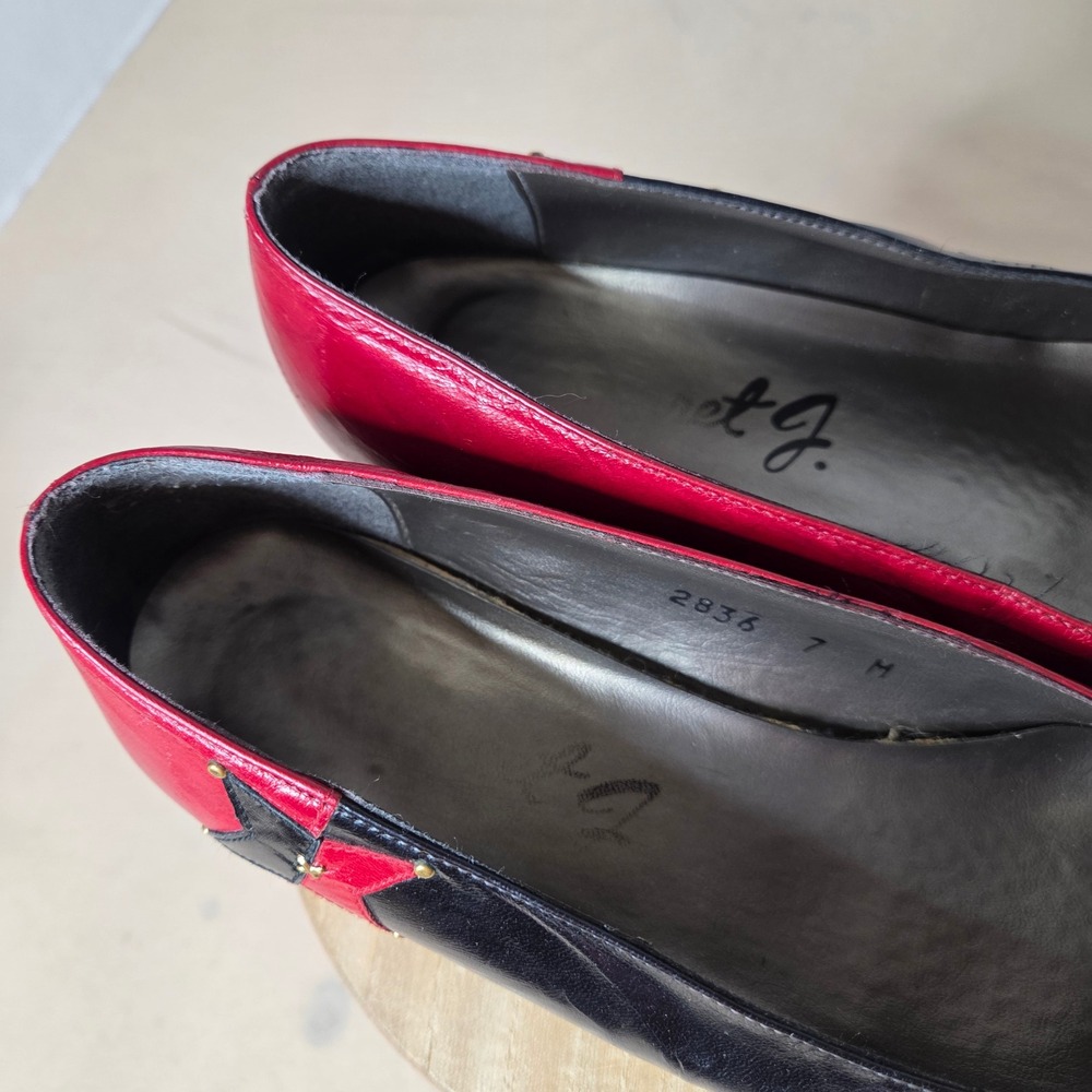 Vintage Margaret J Red Black Leather Star Studded Block Heel Pumps 2836 7M - Picture 3 of 11